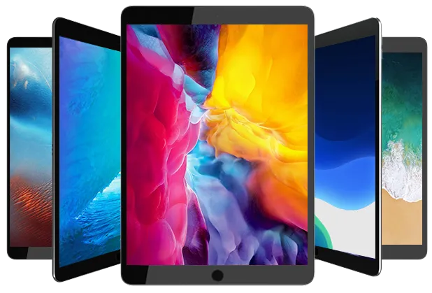 Assortment of refurbished iPads with vibrant display wallpapers, showcasing the variety available for bulk purchase from iPadify, a supplier for educational institutions and businesses.